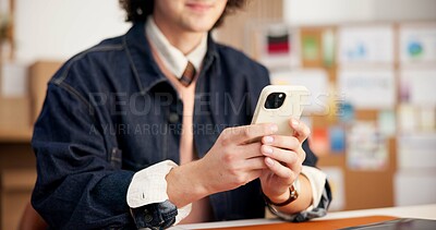Buy stock photo Logistics, small business and hands with phone, message and delivery update on social media or chat. Texting, online and person with mobile, supply chain and communication with contact in startup