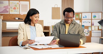 Buy stock photo Logistics, paperwork and happy people with laptop in startup, conversation and inventory management. Supply chain, entrepreneur and colleagues with documents, collaboration and laughing with tech