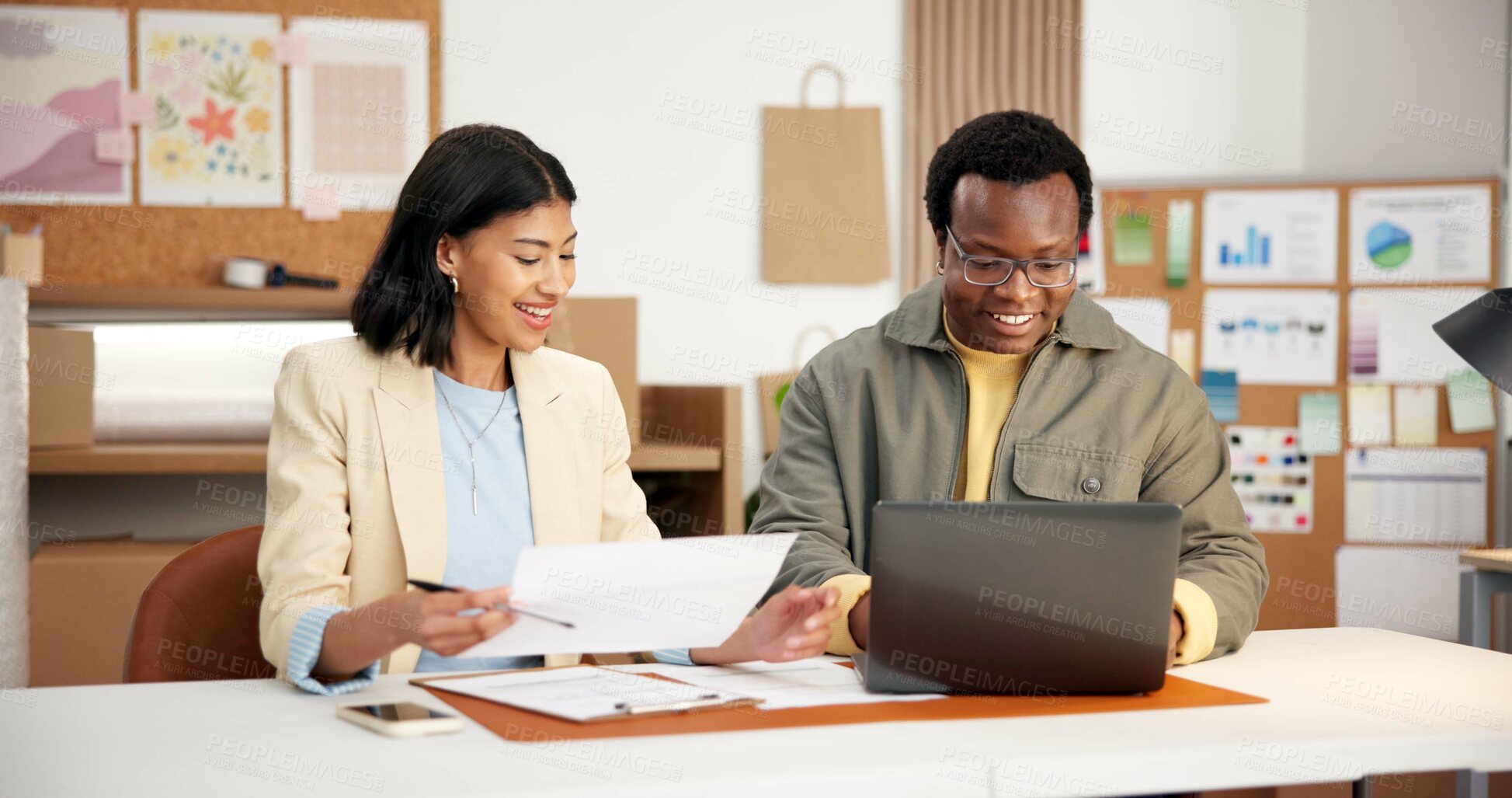 Buy stock photo Logistics, paperwork and happy people with laptop in startup, conversation and inventory management. Supply chain, entrepreneur and colleagues with documents, collaboration and laughing with tech