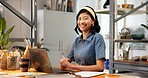 Small business, pottery or happy woman in workshop with laptop, checklist and inventory management. Portrait, ceramics or artist with online sales research for funding application at creative startup