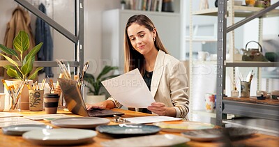 Buy stock photo Pottery, woman or laptop in small business with paperwork, stock checklist or update online catalog. Creative entrepreneur, tech and sheet in studio for clay order, item pricing and inventory control