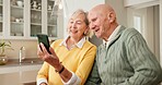 Senior, couple and video call in home with phone, internet connectivity or online meeting on weekend. Happy, married elderly people and relax in house with tech, virtual contact and bonding together.