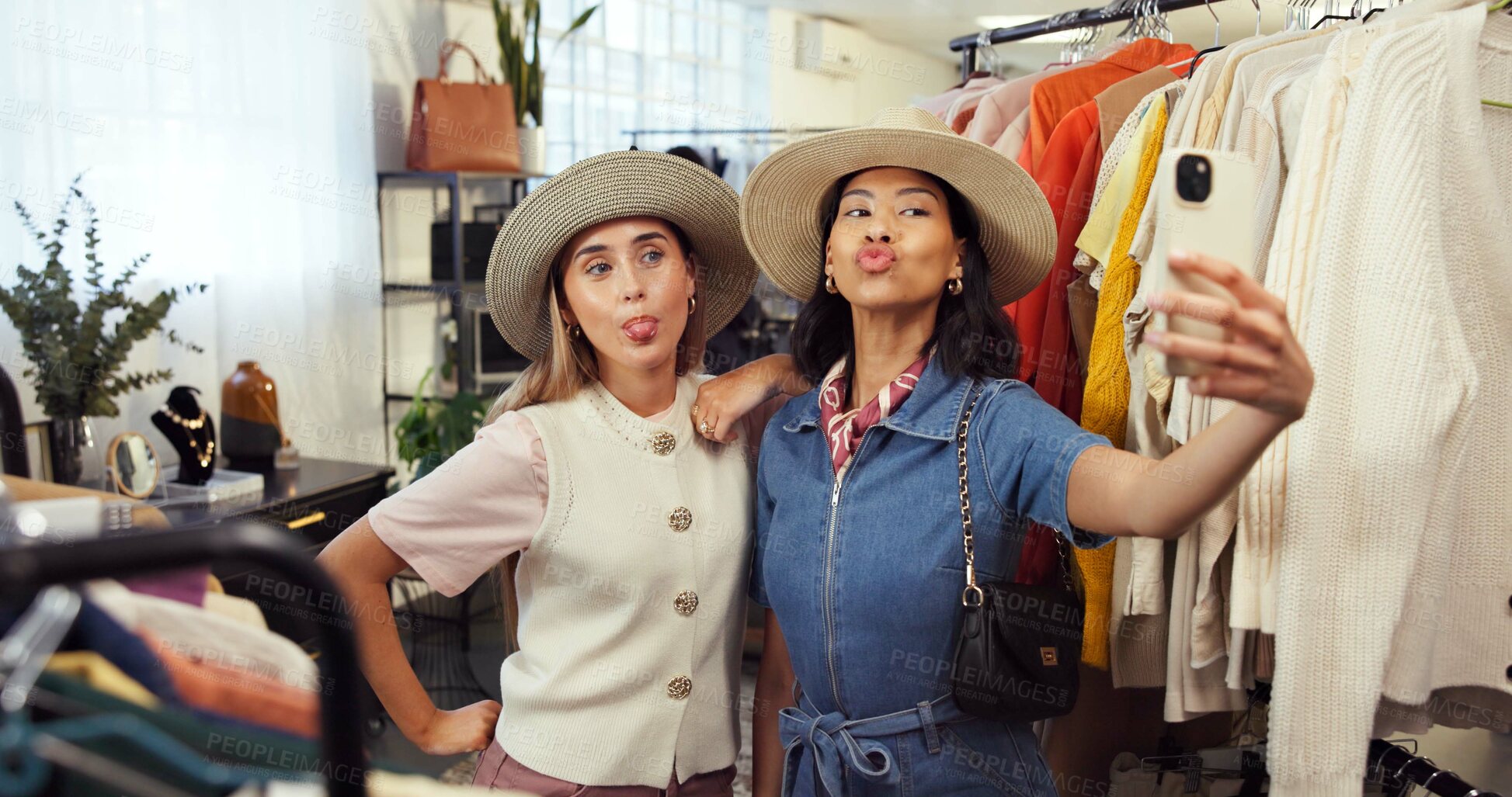 Buy stock photo Friends, selfie and women with pout in shopping mall, together and profile picture for social media. Fashion, photography and happy people with tongue out, content creation and influencer discount