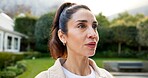 Fitness, thinking and woman outdoor with daydream, goal mindset and insight on wellness hobby. Reflection, active and mature person with mindfulness, keeping fit and workout perspective in backyard.
