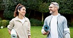 Happy, couple and workout in backyard with yoga mat, fitness and active together for holistic health. Mature people, relationship and smile outdoor with exercise equipment, wellness and vitality.