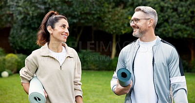 Buy stock photo Happy, couple and workout in backyard with yoga mat, fitness and active together for holistic health. Mature people, relationship and smile outdoor with exercise equipment, wellness and vitality.