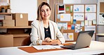 Logistics, portrait or woman in agency with laptop, confidence or pride as distribution analyst. Ambition, happy or stock administrator with tech, operation specialist or about us in supply chain.