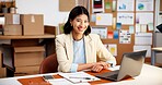 Logistics, portrait or woman in warehouse with laptop, confidence or pride as distribution analyst. Ambition, happy or stock administrator with tech, operation specialist or about us in supply chain.