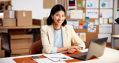 Buy stock photo Logistics, portrait or woman in warehouse with laptop, confidence or pride as distribution analyst. Ambition, happy or stock administrator with tech, operation specialist or about us in supply chain.