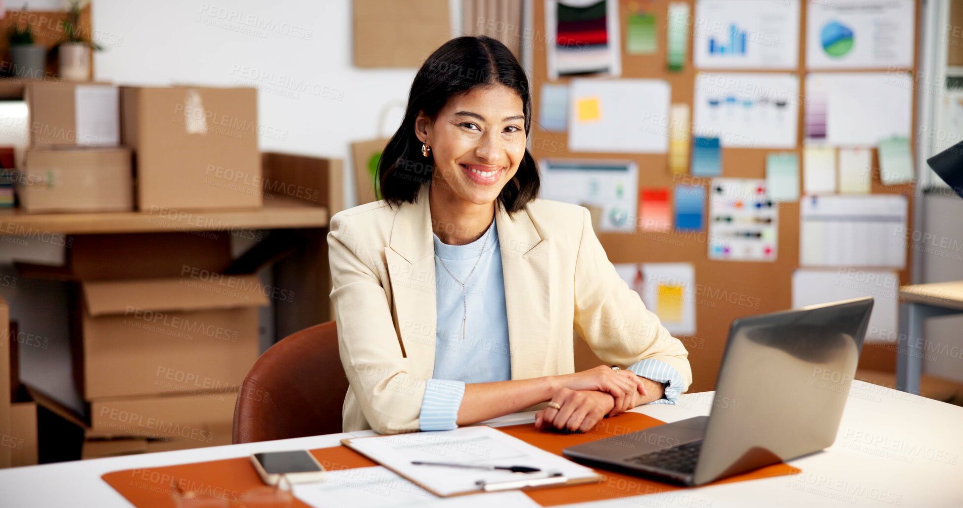 Buy stock photo Logistics, portrait or woman in warehouse with laptop, confidence or pride as distribution analyst. Ambition, happy or stock administrator with tech, operation specialist or about us in supply chain.