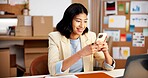 Happy, woman and phone at startup for logistics, email supplier and stock availability for delivery. Smile, person and reading in office with mobile, customer reviews and update pricing for ecommerce