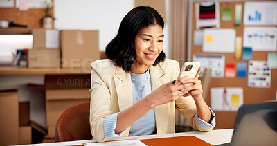 Buy stock photo Happy, woman and phone at startup for logistics, email supplier and stock availability for delivery. Smile, person and reading in office with mobile, customer reviews and update pricing for ecommerce