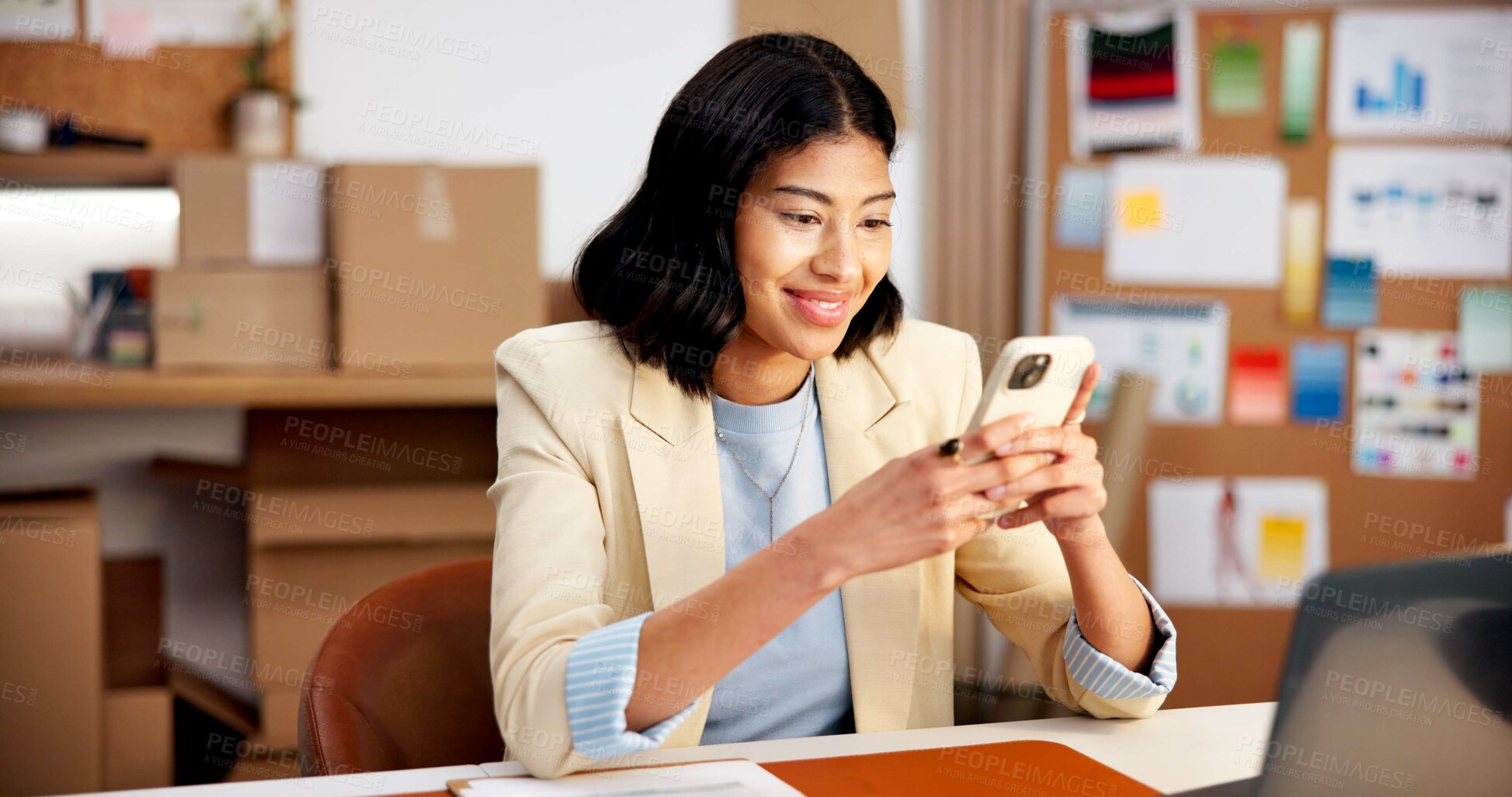 Buy stock photo Happy, woman and phone at startup for logistics, email supplier and stock availability for delivery. Smile, person and reading in office with mobile, customer reviews and update pricing for ecommerce