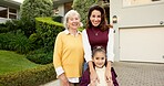 Real estate, hug or family in front porch with portrait, fresh start or happy moment at dream house. Grandmother, mother or child with embrace, housing success or moving achievement with new home.