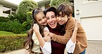 Real estate, hug or family in front yard with portrait, fresh start or happy moment at dream house. Property, mother or children with embrace, housing success or moving achievement with new home.