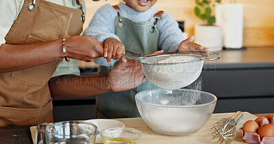 Buy stock photo Mother, child and hands with sieve for baking together, teaching daughter and support in kitchen. Family, parent and girl flour sifting at home for learning, culinary skill development and help