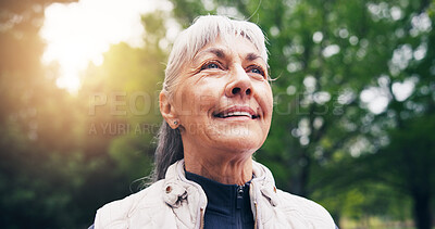 Buy stock photo Senior, thinking and happy woman with fresh air in park for outdoor fitness, workout or exercise. Elderly, female person or daydreaming with flare, peace or calm tranquility for health or wellness