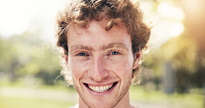 Buy stock photo Outdoor, portrait and man with smile, break and confident with positive attitude and calm in nature. Fresh air, space and happy person with pride on weekend, stress relief and wellness at park