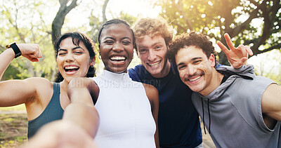 Buy stock photo Happy, friends and selfie at park for exercise support, profile picture or flex for fitness progress. Bonding, people and photo portrait for workout memory, health club or peace sign for social media