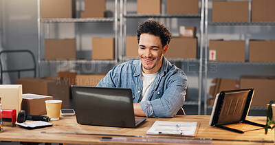 Buy stock photo Smile, man and logistics at startup with laptop, research and supply chain for cargo distribution. Happy, person and review in warehouse with tech, stock availability and delivery route for ecommerce