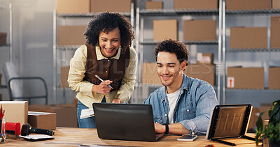 Buy stock photo Team, laptop and smile with people in warehouse for tracking review, logistics and sku information. Collaboration, ecommerce and shipping inventory report with employees for order verification