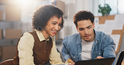 Buy stock photo People, reading and logistics at startup with laptop, discussion and supply chain for distribution. Smile, team or review in office with tech, stock availability and delivery information of ecommerce