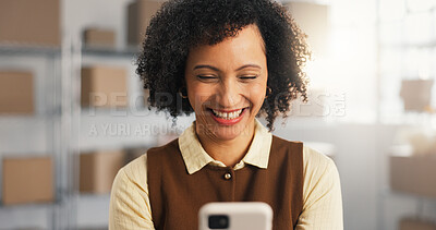 Buy stock photo Logistics, smile or woman in office with phone, order update or positive rating on ecommerce store. Distribution, happy or mature entrepreneur with tech, delivery progress or good review on webshop.