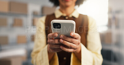 Buy stock photo Texting, online and hands with phone, logistics and communication with contact on social media app. Delivery, schedule and person with mobile, supply chain and typing message on website in startup