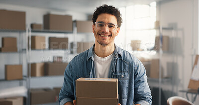 Buy stock photo Logistics, portrait or happy man in warehouse with box, confidence or business owner in supply chain. Distribution, smile or entrepreneur with parcel, courier startup or about us in stock management.