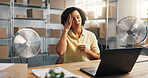 Woman, headache and stress with laptop in logistics for shipping delay, inflation or freight issue. Frustrated, female person or mistake with cargo for distribution schedule, debt or stock error