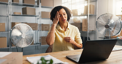 Buy stock photo Woman, headache and stress with laptop in logistics for shipping delay, inflation or freight issue. Frustrated, female person or mistake with cargo for distribution schedule, debt or stock error