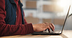 Warehouse, hands and man on laptop for shipping, supply chain and inventory checklist for delivery. Small business, typing and person on computer for schedule, package and logistics for distribution