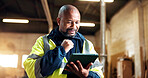 Tablet, thinking and black man in warehouse for carpentry, planning and order for timber production. Manufacturing, supervisor and person on tech for woodworking, lumber report or renovation material