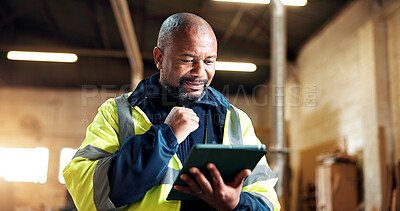 Buy stock photo Tablet, thinking and black man in warehouse for carpentry, planning and order for timber production. Manufacturing, supervisor and person on tech for woodworking, lumber report or renovation material