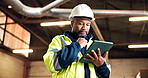 Tablet, thinking and black man in warehouse for inventory, planning and material for carpentry. Manufacturing, supervisor and person on tech for production report, woodworking and order for lumber