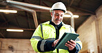 Tablet, construction and mature man in warehouse for inventory, supplier update or renovation. Manufacturing, supervisor and person on digital tech for production report, remodeling or material order