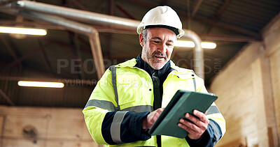 Buy stock photo Tablet, construction and mature man in warehouse for inventory, supplier update or renovation. Manufacturing, supervisor and person on digital tech for production report, remodeling or material order