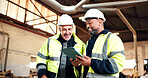 Tablet, talking and men in workshop for carpentry, planning and discussion for woodworking. Manager, carpentry and people on tech for production report, inventory and stock update for timber business