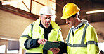 Carpentry, warehouse and people on tablet in workshop for manufacturing, planning and production. Woodworking, inventory and man with supervisor for timber, lumber and order for construction business