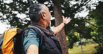 Smile, old man and hiking in forest with selfie, photography and social media for travel post. Pov, senior person and scenic view in nature for backpacking, profile picture update and capture memory