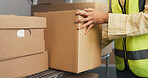 Warehouse, box and hands of person for shipping, supply chain and inventory on shelf for delivery. Cardboard, workshop and woman with package, parcel and stock for distribution, shipment or logistics