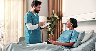 Buy stock photo Nurse, tablet and woman on hospital bed with discussion, consultation or medical survey for wellness. Healthcare worker, mature person and happy in clinic with tech, checkup and plan for recovery.
