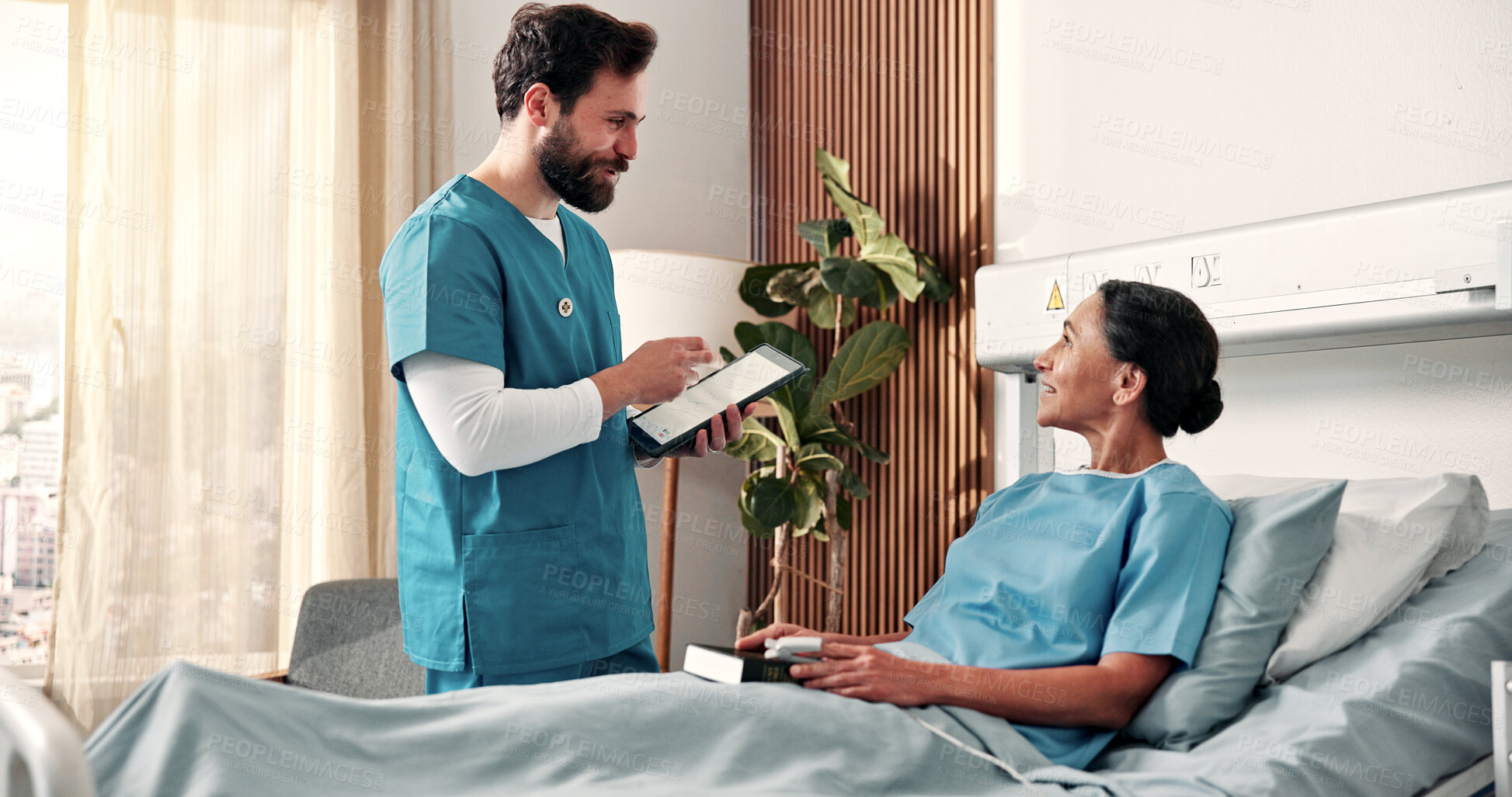 Buy stock photo Nurse, tablet and woman on hospital bed with discussion, consultation or medical survey for wellness. Healthcare worker, mature person and happy in clinic with tech, checkup and plan for recovery.