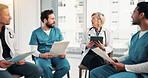 Team, nurses and doctors with healthcare discussion, folder or clinic policy revision with tablet. People, meeting and collaboration at hospital for compliance update, medical document and workshop