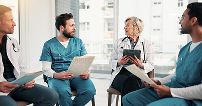 Buy stock photo Team, nurses and doctors with healthcare discussion, folder or clinic policy revision with tablet. People, meeting and collaboration at hospital for compliance update, medical document and workshop