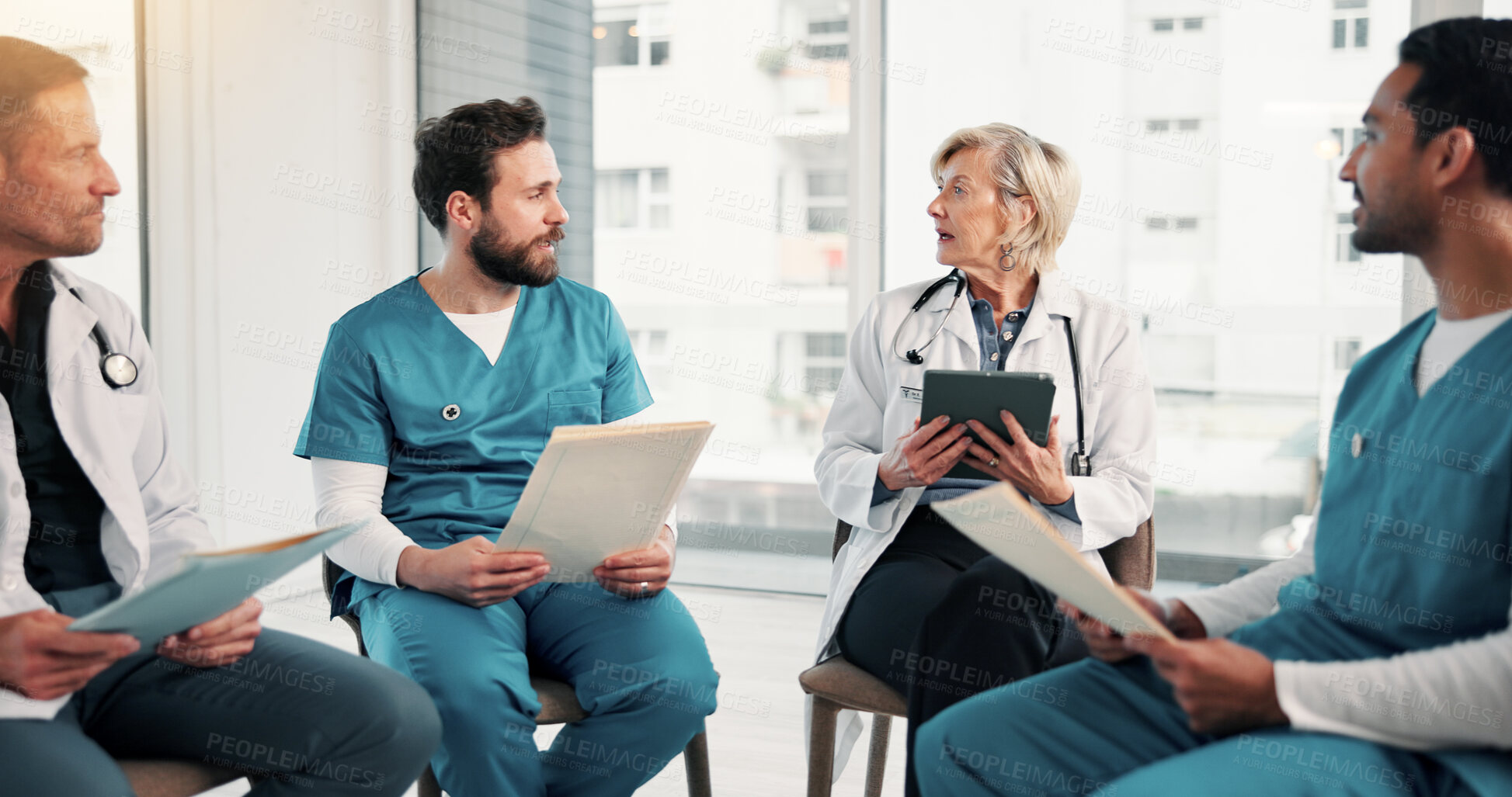 Buy stock photo Team, nurses and doctors with healthcare discussion, folder or clinic policy revision with tablet. People, meeting and collaboration at hospital for compliance update, medical document and workshop