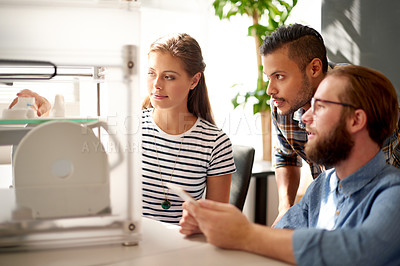 Buy stock photo Professional, teamwork or business people in office with 3D printer, project process or engineering. Collaboration, employees or designers with tablet for rendering prototype model or machine results