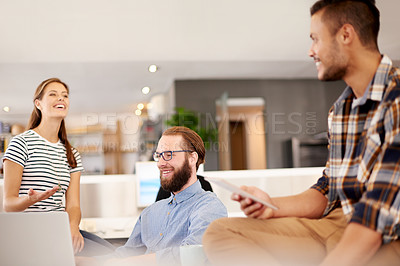 Buy stock photo Business people, creative and teamwork in office, laptop and conversation with planning for project. Employees, group or consulting agency for web design, tablet and discussion with ideas or feedback