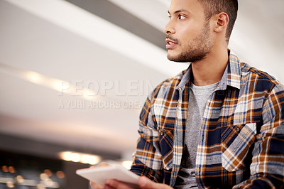 Buy stock photo Thinking, tablet and creative man in startup for planning, research project or social media in office. App designer, consultant or digital tech ideas for problem solving, business SEO or branding