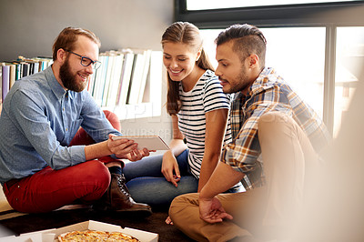 Buy stock photo Business people, tablet and meeting with pizza, discussion and project in creative agency. Teamwork, support and design planning for collaboration, food and proposal for website development goal